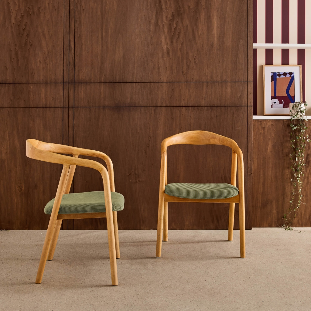 Fauteuil vintage bois d'hévéa et velours côtelé (lot de 2) SARA