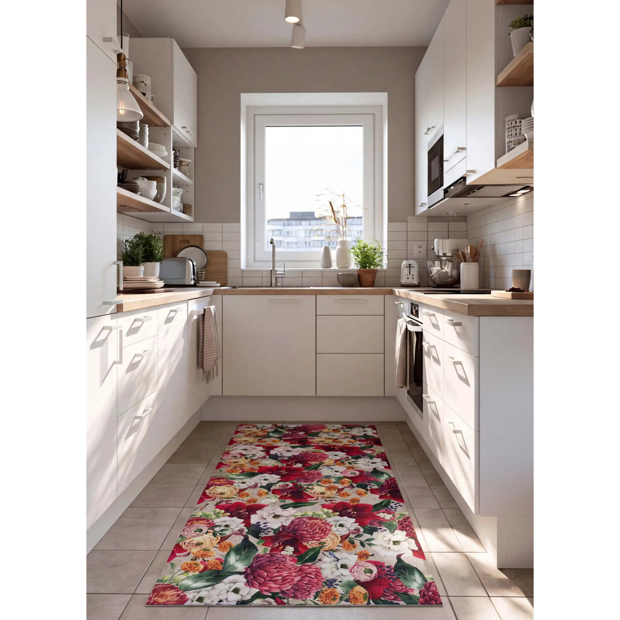 RICCI Alfombra vinílica de cocina dibujos con flores en rojo, varias medidas disponibles.