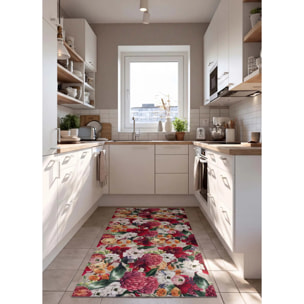 RICCI Alfombra vinílica de cocina dibujos con flores en rojo, varias medidas disponibles.