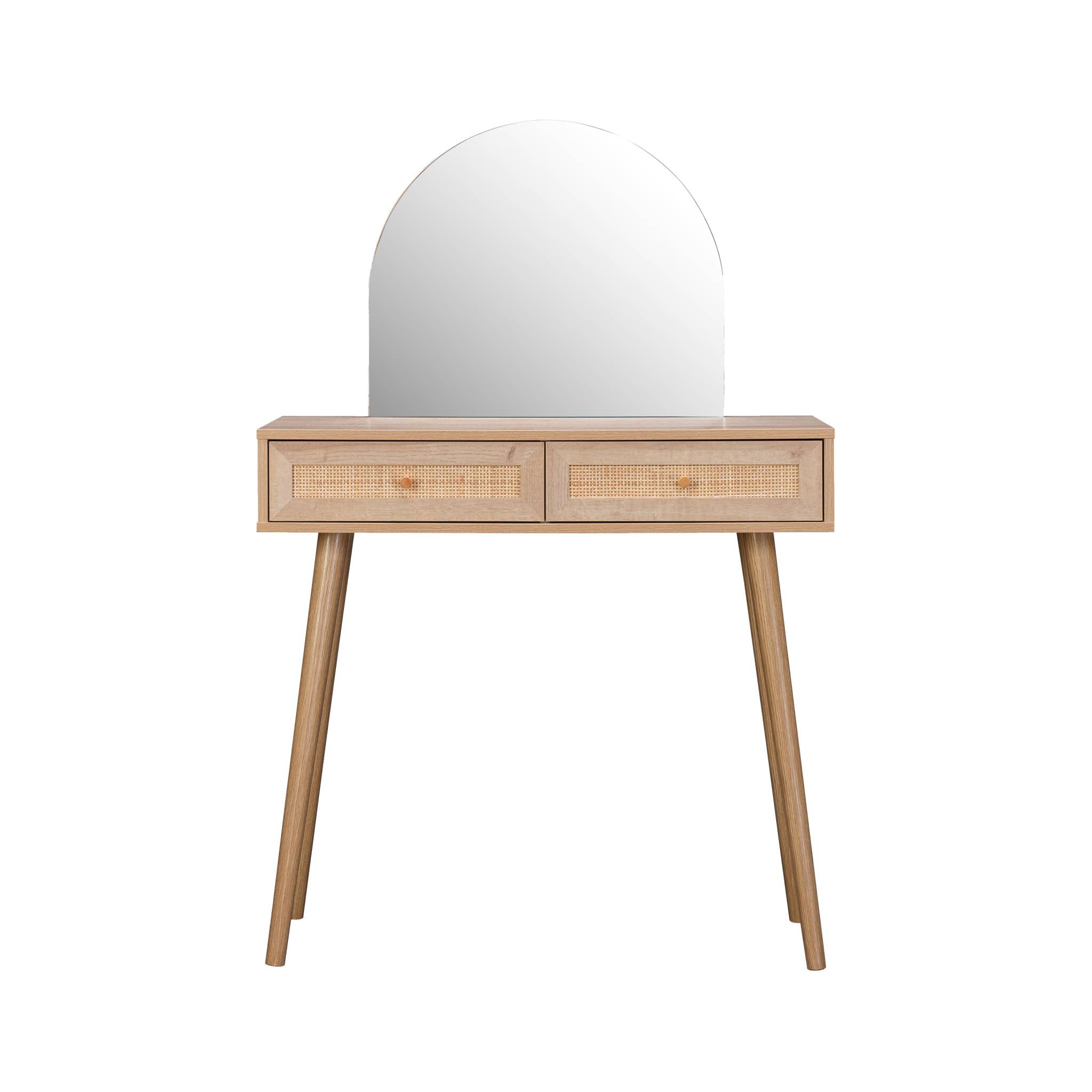 Coiffeuse Bohème avec miroir arrondi et 2 tiroirs cannage. coloris naturel. style Scandinave. L 90 x P 35 x H 135.5 cm