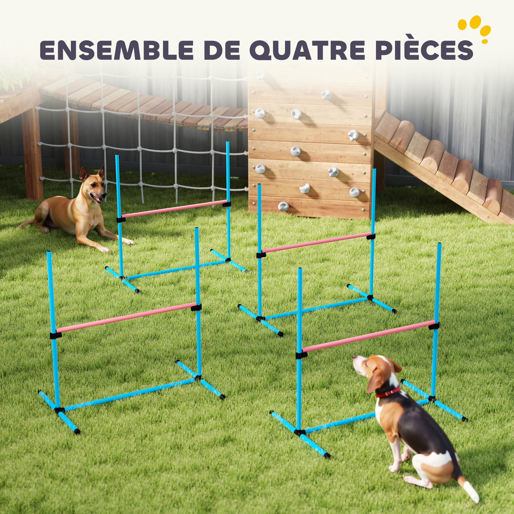 Agility sport pour chiens set de 4 obstacles professionnels avec système de maintien au sol sac transport fourni bleu rouge
