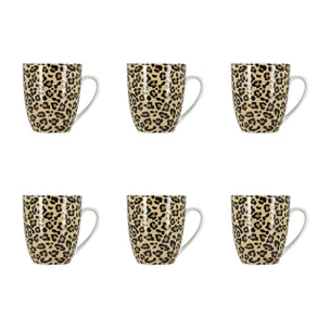 Lot de 6 mugs 35cl en porcelaine beige à motif léopard ANIMALS