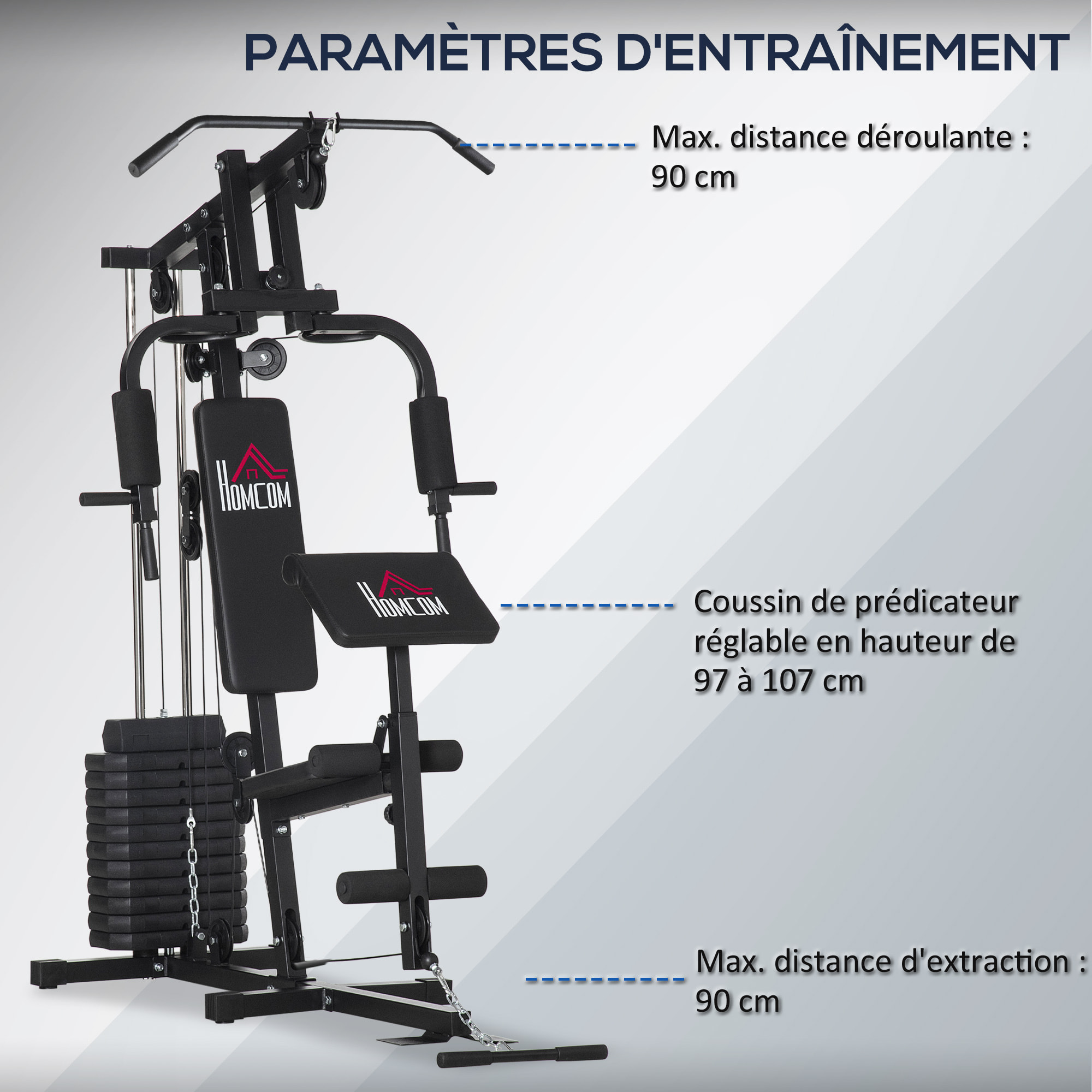 Station de musculation - entrainement complet - développé couché, butterfly, barre latissimus, curler, bande résistance - 11 contrepoids - acier noir