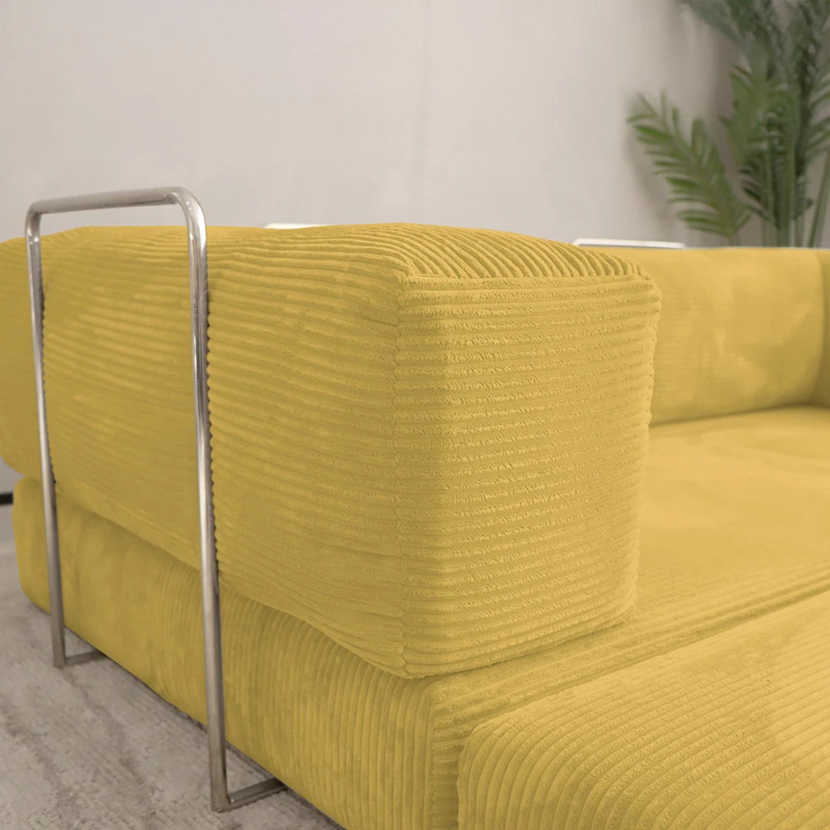 TRENDY - Canapé compressé 5 places angle modulable en velours côtelé jaune