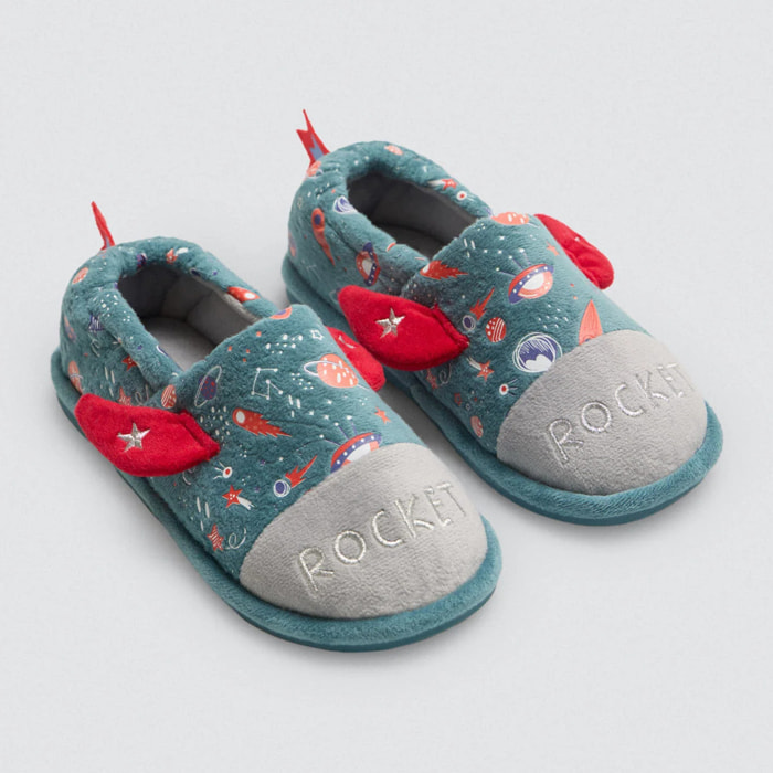 Pantofole per bambini a forma di razzo 3D con dettagli spaziali
