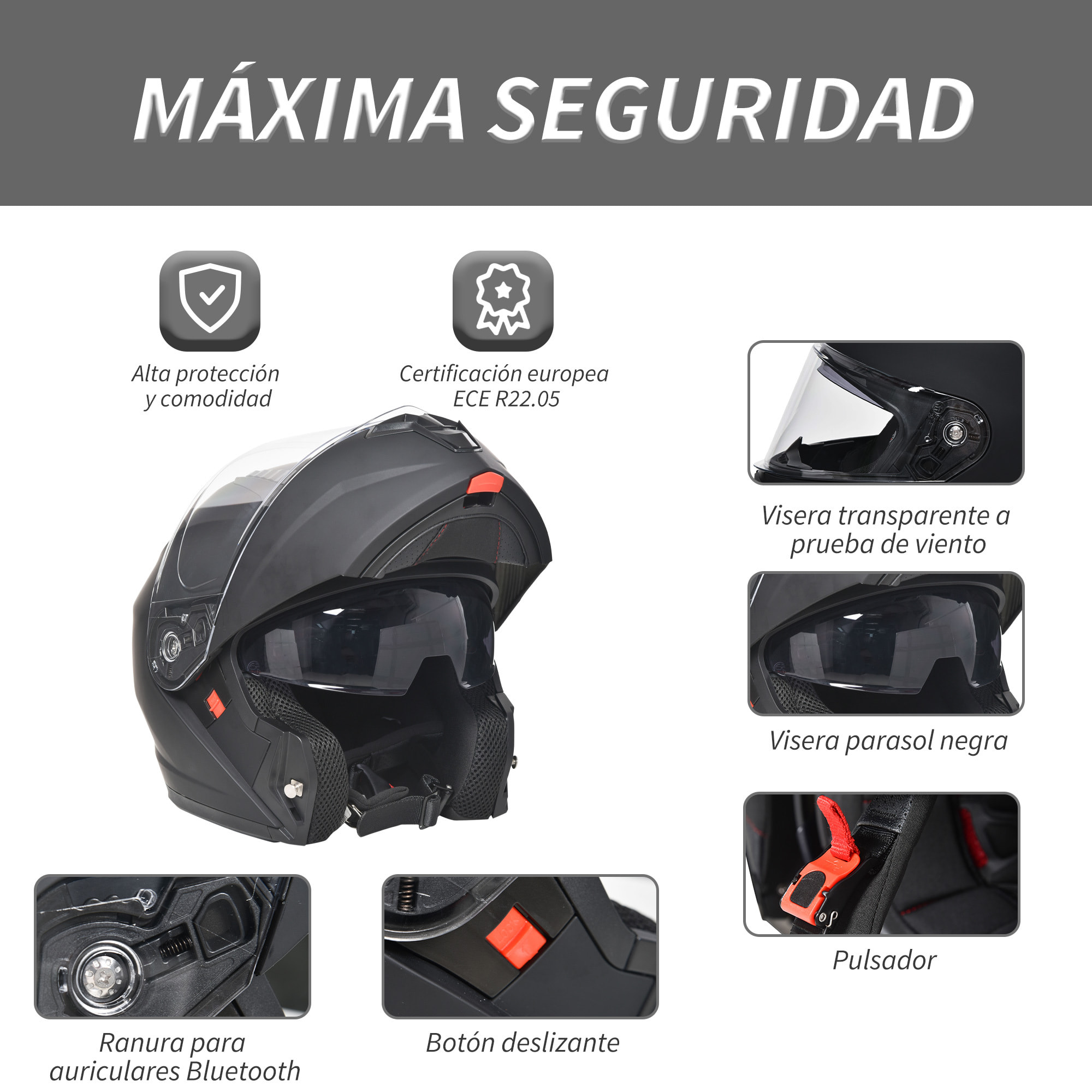 Casco de Moto Doble Visera Cabezal Anticolisión Certificación Europea L-59 cm