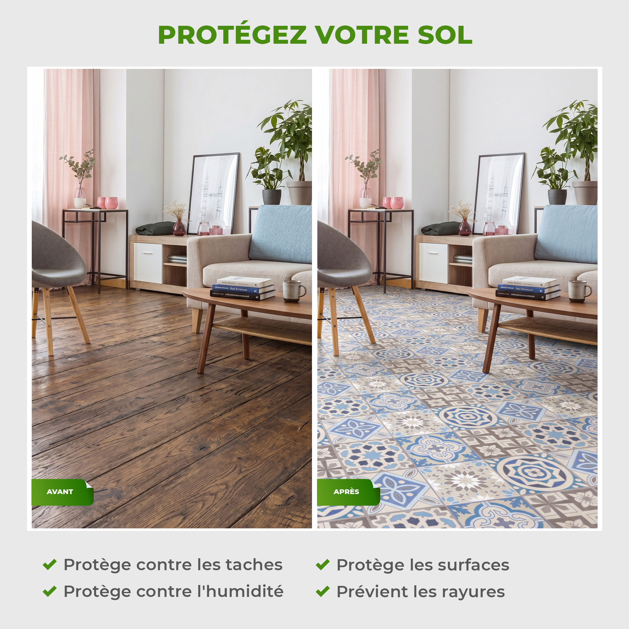 Sticker Sol avec laminat de Protection en Plastique Anti-dérapant | Stickers adhésif Sol - CARRELAGES SOL HORTENSIA - 1 sticker
