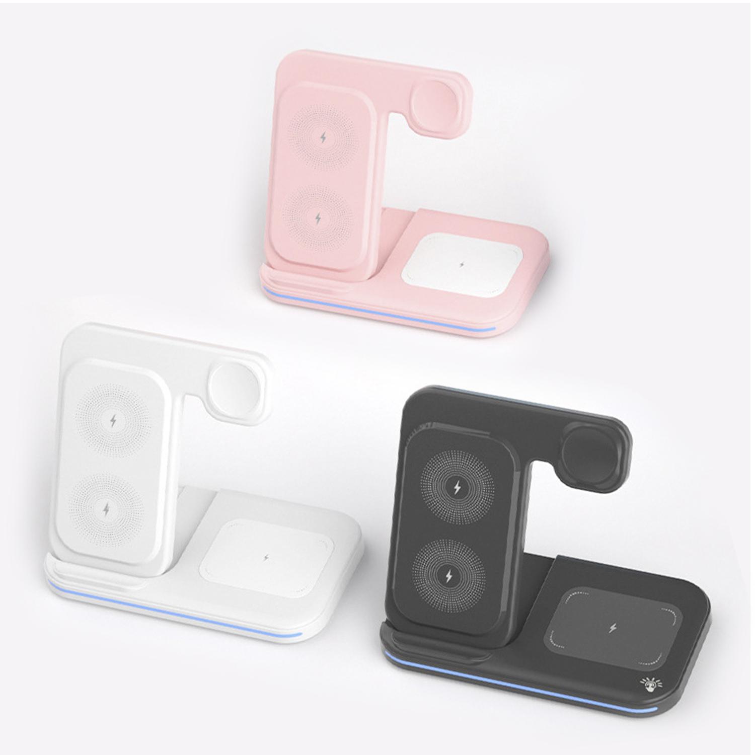 Base di ricarica wireless pieghevole 3 in 1. Base Qi da 15 W a doppia posizione, caricabatterie per Apple Watch e base Qi. Con luce ambientale. Funzione supporto.