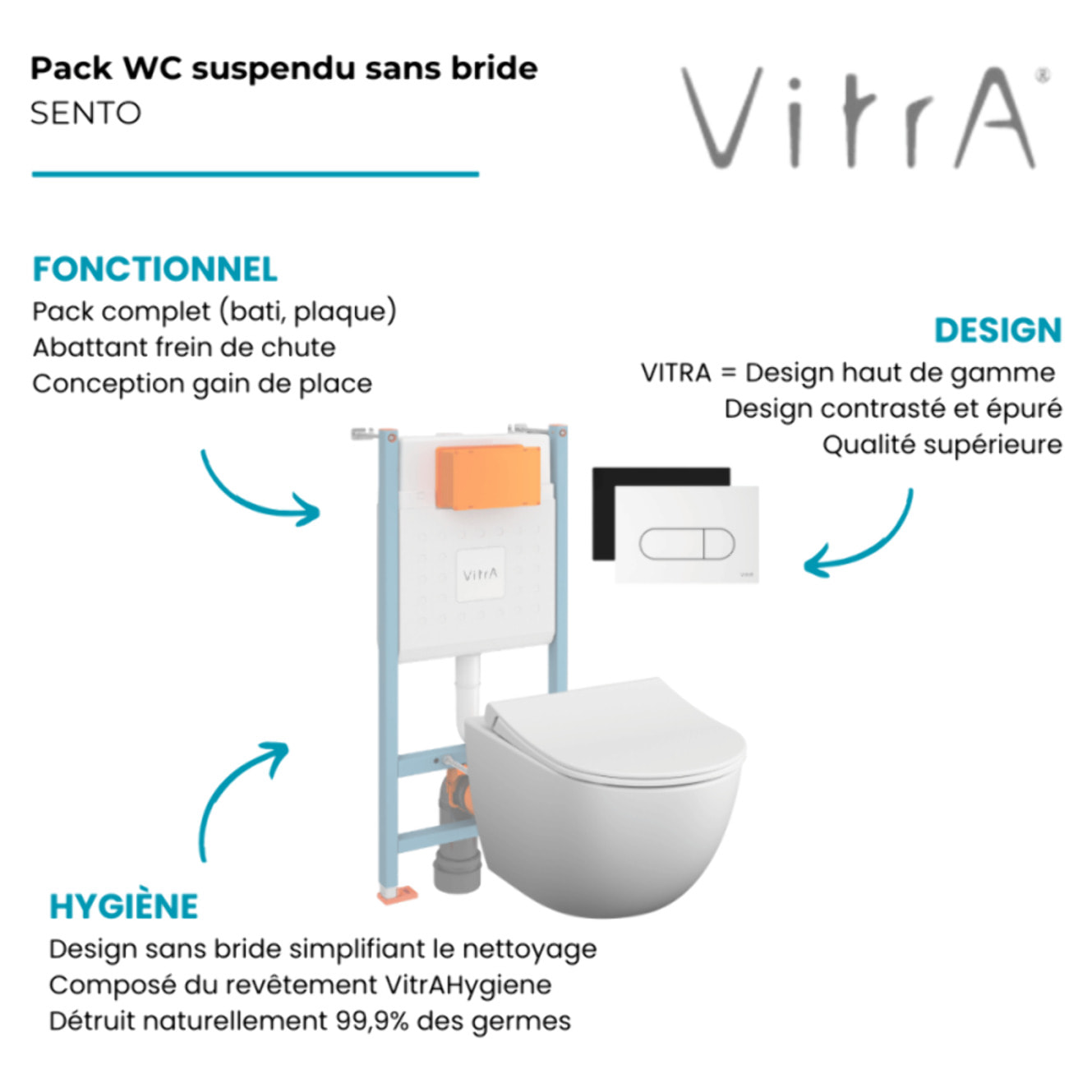 Pack WC suspendu VITRA Sento blanc + bâti autoportant V-Fix Core + Plaque Round Noir mat