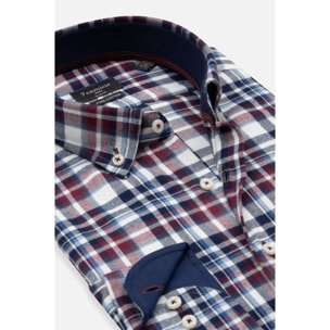 camicia uomo 1 bottone button down slim Flanella Quadro Medio Blu/Bordeaux
