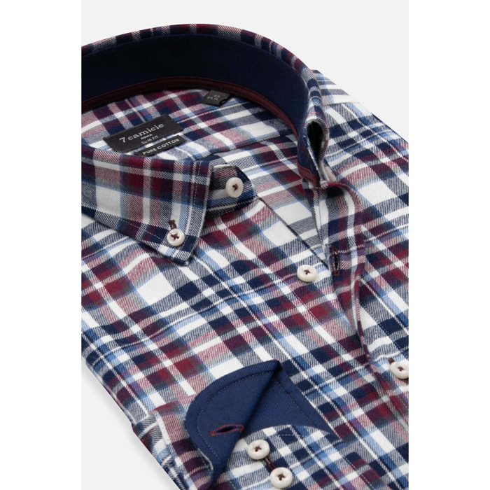 camicia uomo 1 bottone button down slim Flanella Quadro Medio Blu/Bordeaux