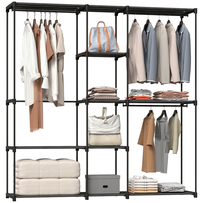 Armario de Ropa, Perchero, 182x43x185 cm, Armario Abierto con 8 Estantes de Tela, Barras para Colgar, Marco de Metal, para Dormitorio, Salón, Vestidor, Negro