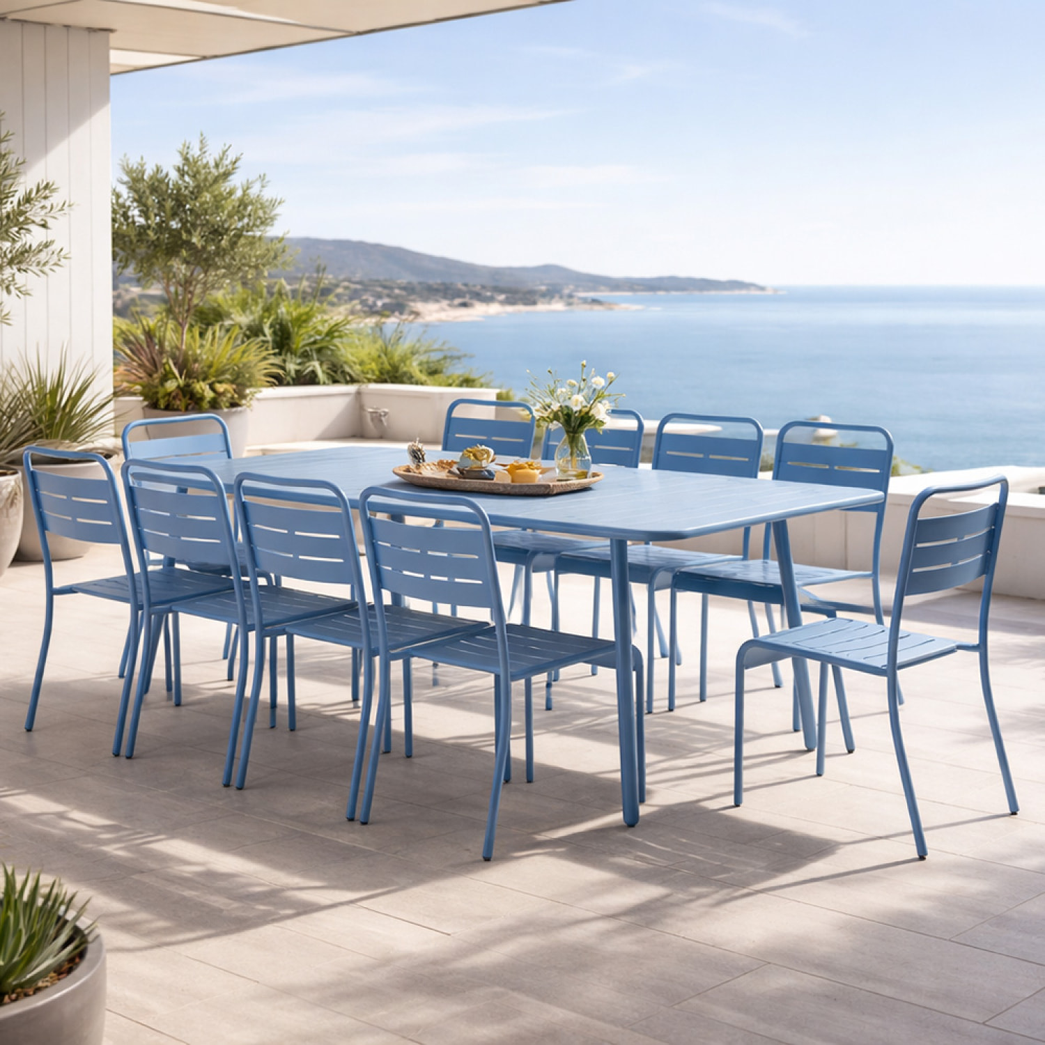 Ensemble table de jardin 234 cm et 10 chaises bleu EVORA