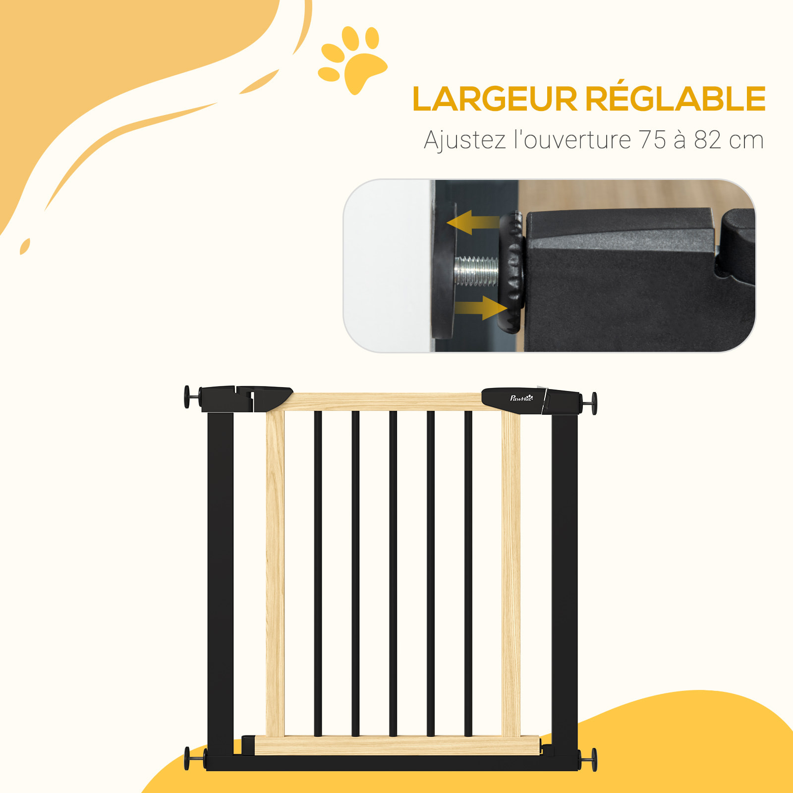 Barrière de sécurité animaux - longueur réglable dim. 75-82 cm - porte verrouillable, ouverture double sens - sans perçage - acier noir pin