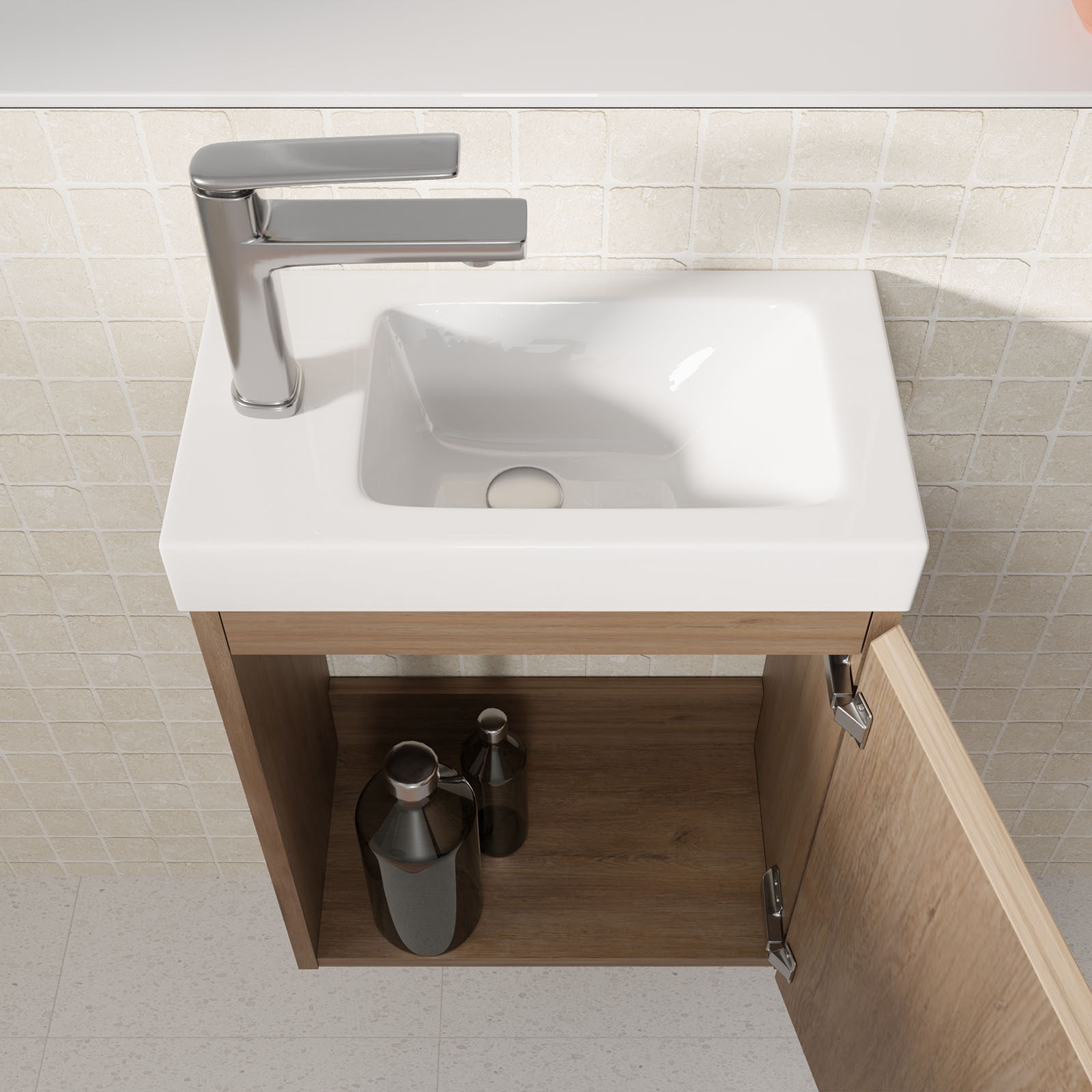 Meuble Lave Mains Décor Bois 40x50x22 cm avec Vasque en SMC Blanche - ELEMENTARY
