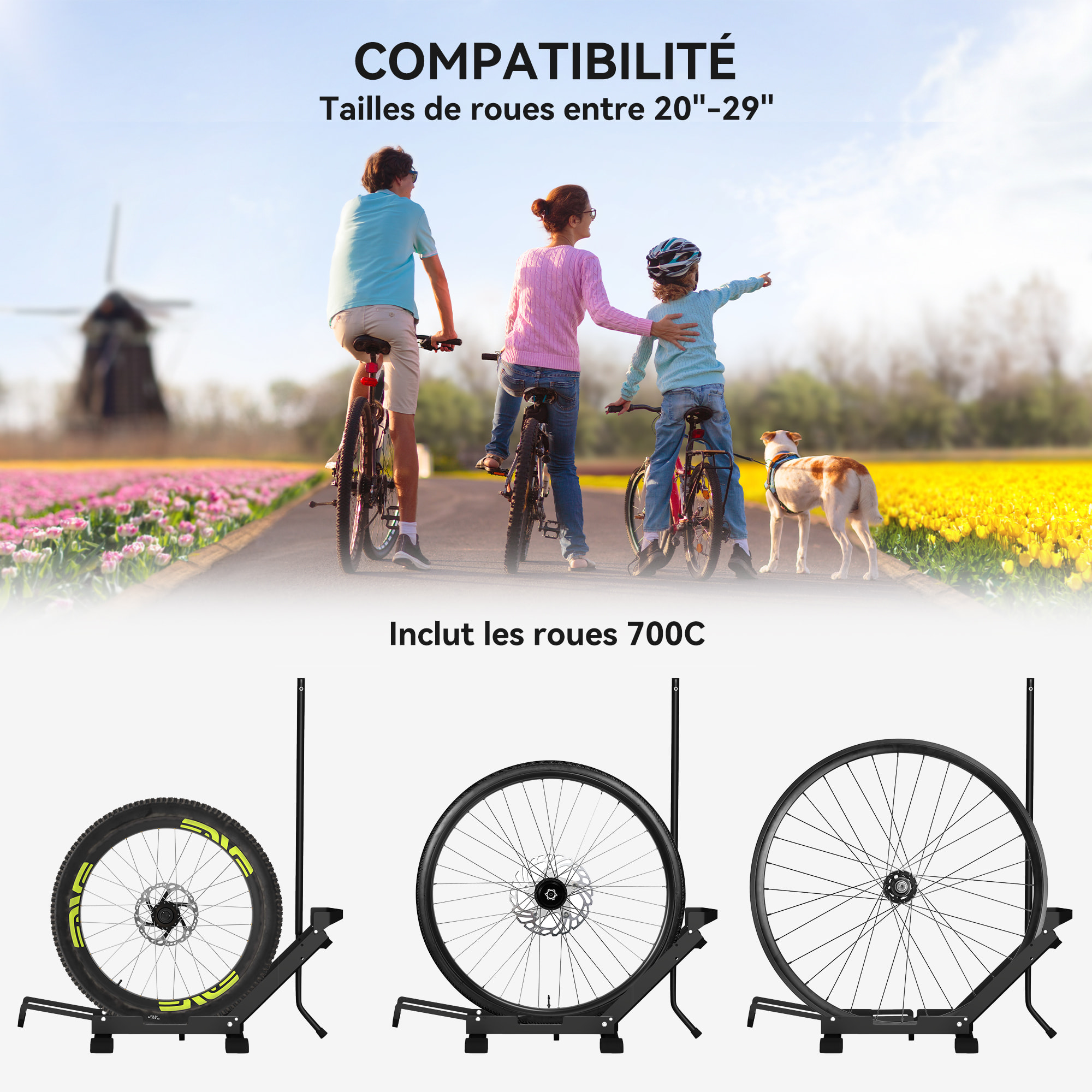 Râtelier vélo - support vélo au sol hauteur réglable pliable - compatible 20-29 pouces - acier noir