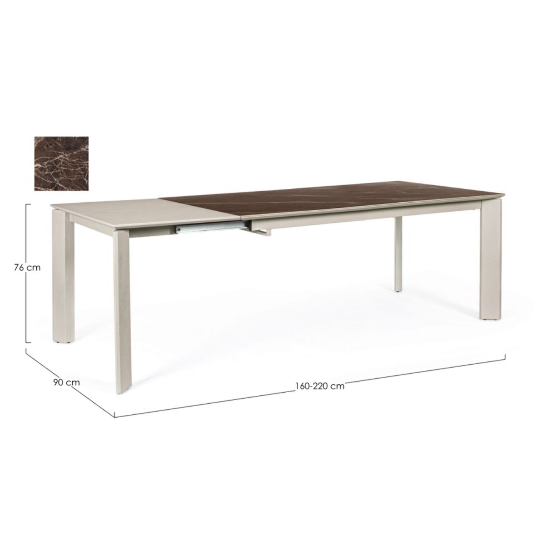 Tavolo BRIVA in acciaio tortora e piano in ceramica marrone, allungabile 160×90 cm – 220×90 cm