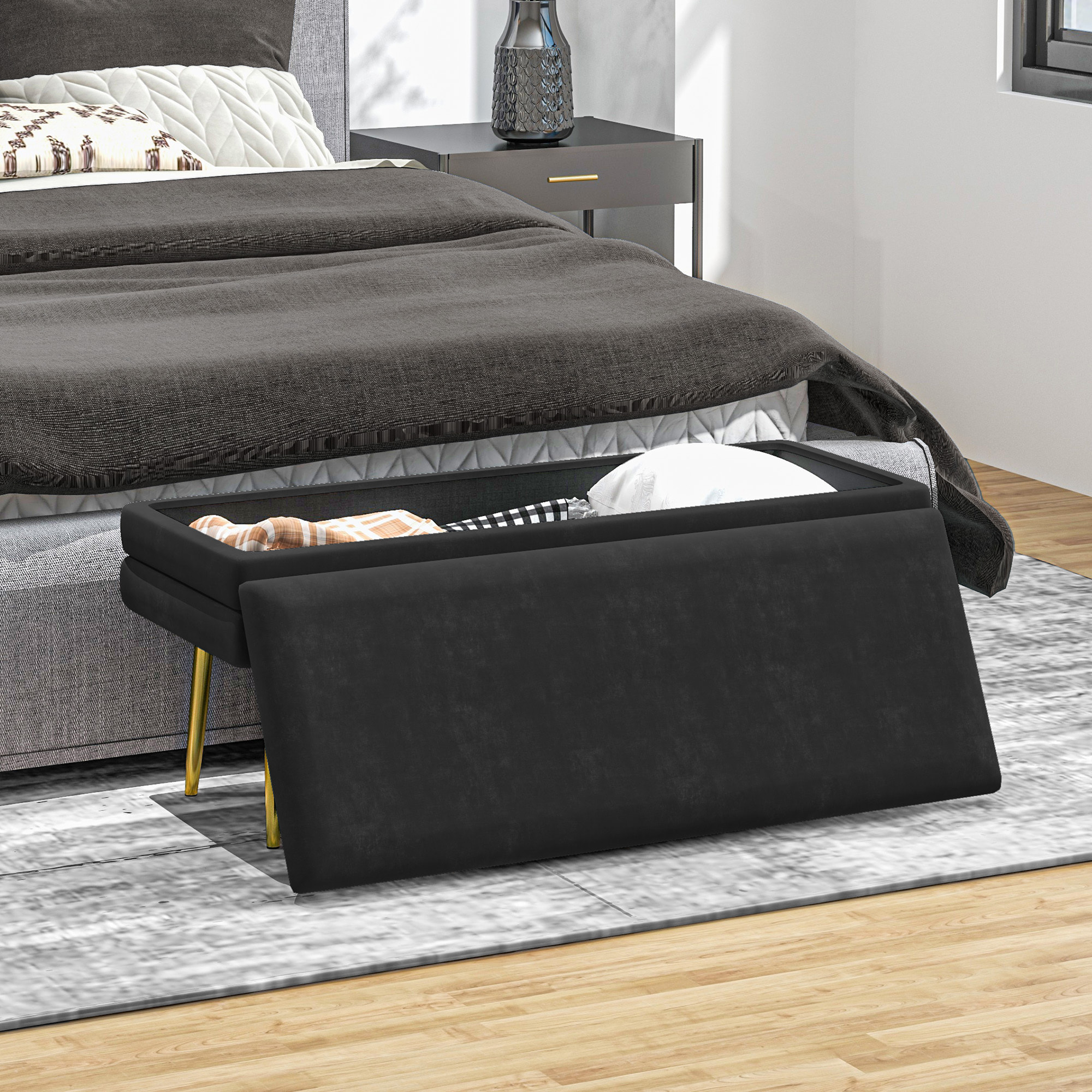 Banquette coffre de rangement 2 en 1 piètement effilé incliné acier doré velours noir