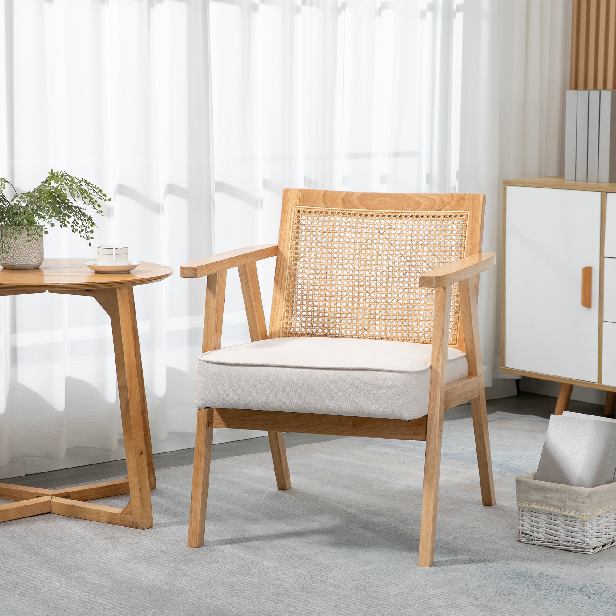 Butaca de Salón Sillón de Salón con Reposabrazos Respaldo de Ratán y Marco de Madera de Caucho Butaca para Dormitorio Sala de Estar Carga 120 kg Natural y Beige