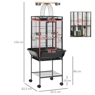 Jaula para Pájaros con Soporte Ruedas 62,5x62,5x156cm 2 Perchas 4 Comederos Gris