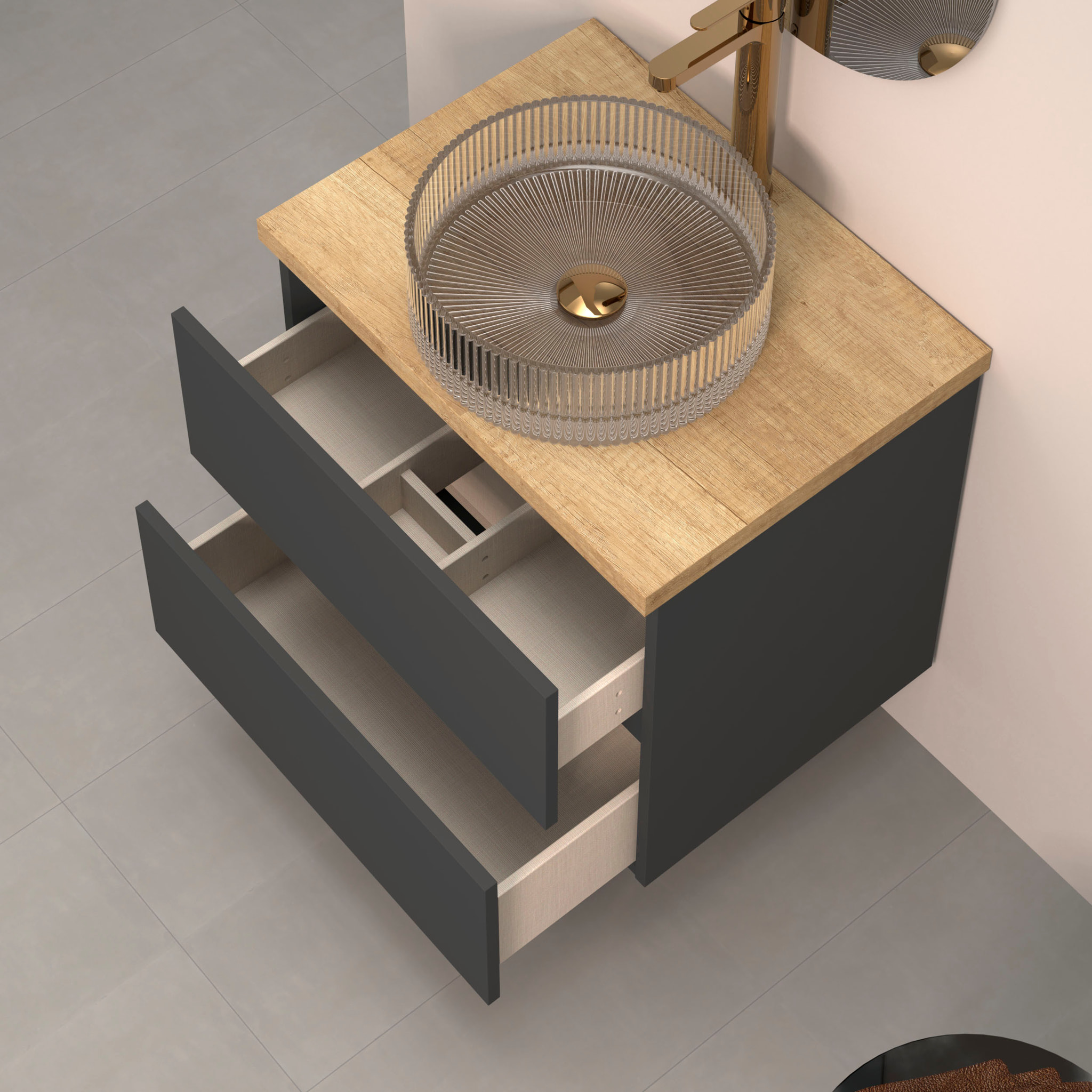 CONJUNTO DE BAÑO KUB | 60 CM NEGRO | DOS CAJONES | LAVABO DE CRISTAL | NO INCLUYE ESPEJO | MUEBLE MONTADO | ALDAY