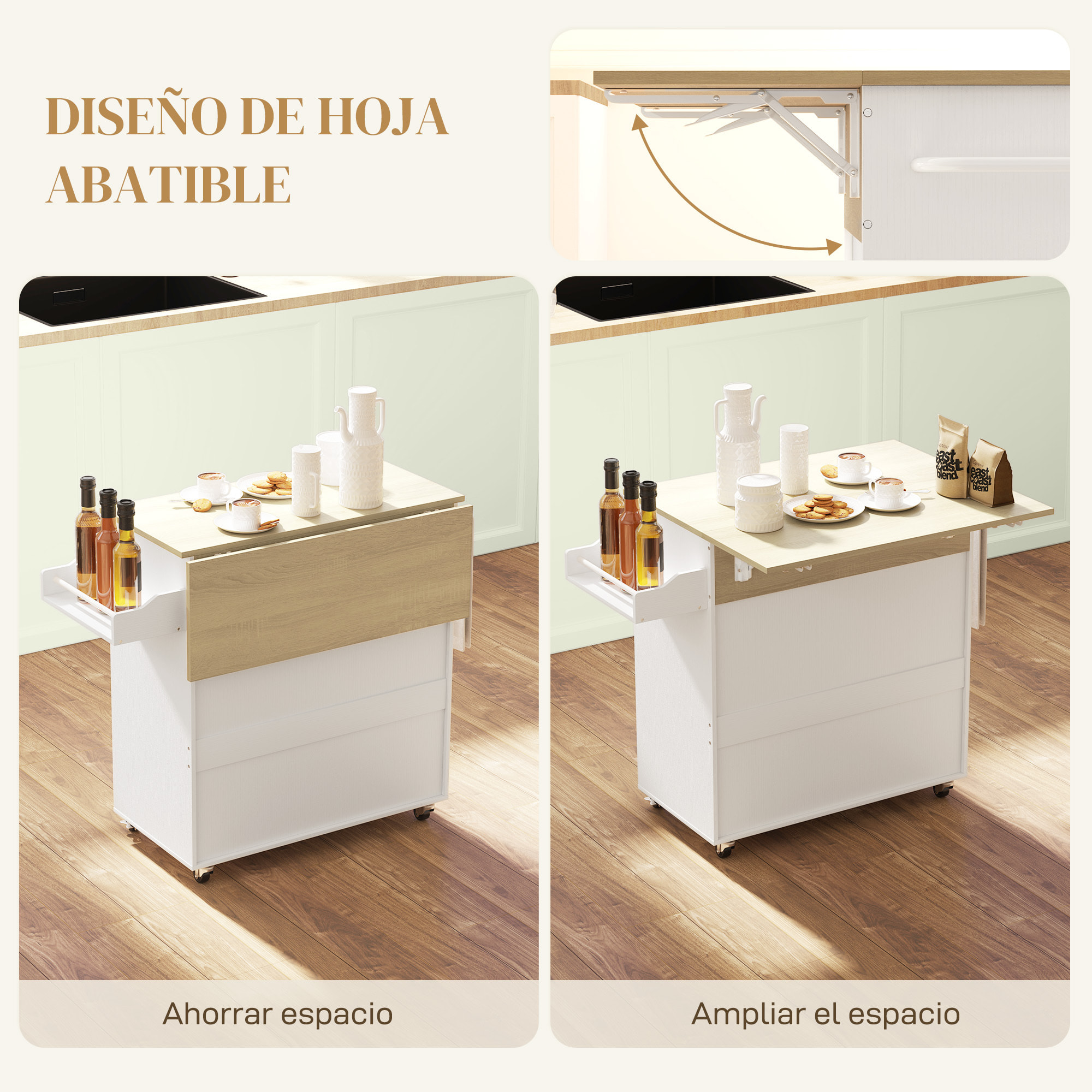 Isla de Cocina con Ala Abatible Carrito de Cocina Mueble Auxiliar de Cocina con Ruedas 2 Puertas Cajón Especiero Toallero y Estante Ajustable 106x42x87 cm Blanco y Roble