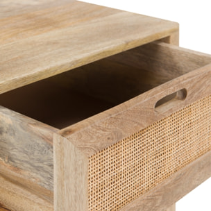 Table de chevet 2 tiroirs en bois de manguier et cannage - Félix