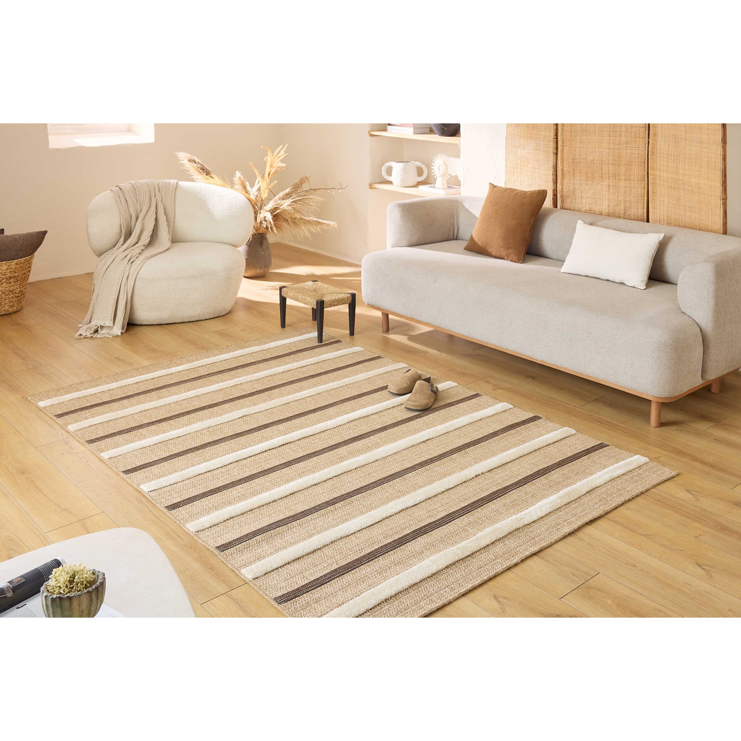 PALMA - Tapis aspect jute à motif rayure en relief - Blanc