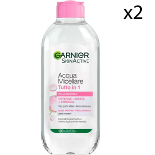 2x Acqua Micellare Ipoallergenica per Pelli Sensibili SkinActive Tutto in 1 Detergente Idratante Struccante Senza Risciacquo per Viso Occhi Labbra - 2 Flaconi da 400ml