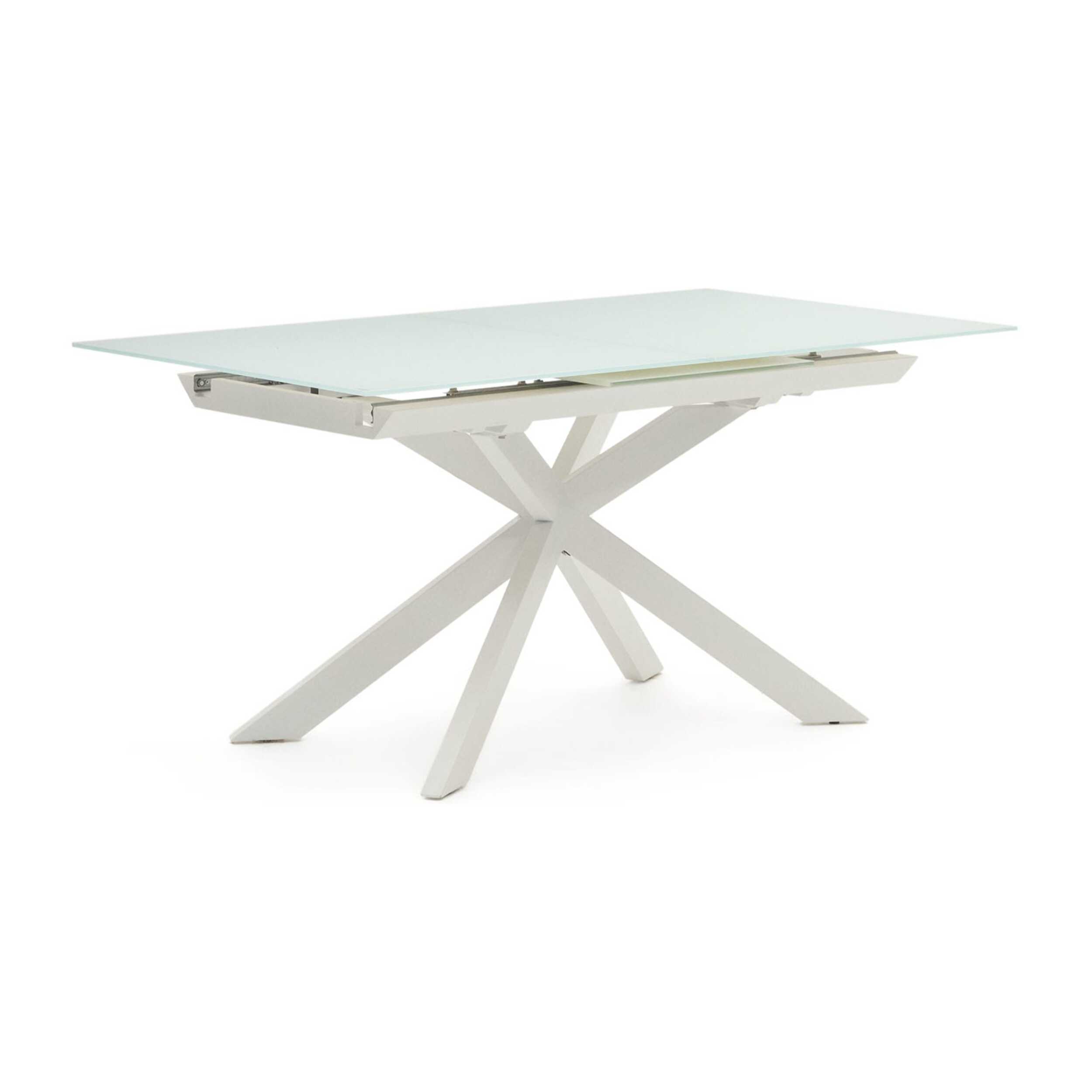 Mesa extensible Atminda cristal templado y patas de acero acabado blanco 160 (210) x 90 cm