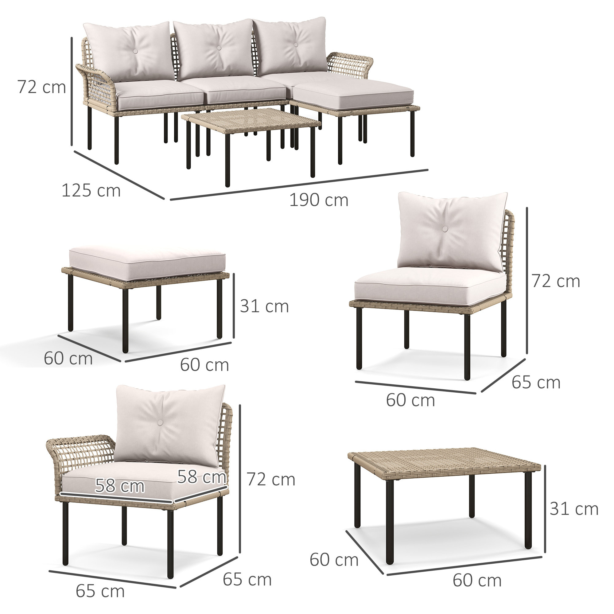 Conjunto de Jardín Exterior de Ratán Sintético de 5 Piezas Muebles de Jardín Exterior Incluye 2 Sofás Esquineras 1 Sofá de Exterior 1 Taburete 1 Mesa de Centro con Cojines Crema