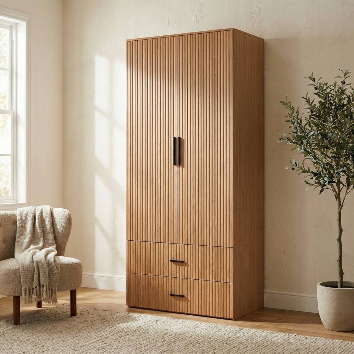 Armadio contenitore 2 ante rovere con maniglie nere 87x54x210 cm - Trama