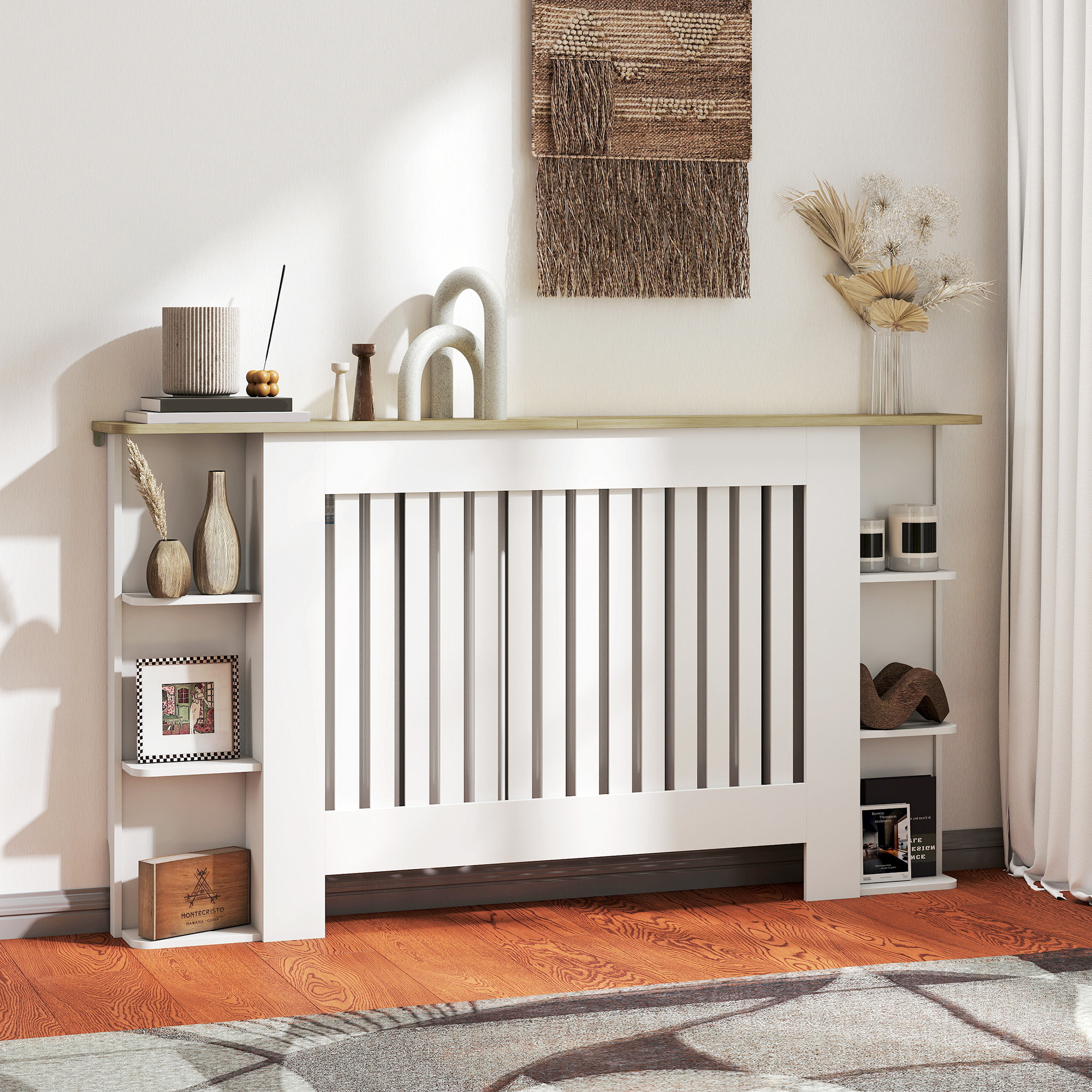 Cubre Radiadores con Estantes, Cubreradiador de MDF, Cubierta para Radiador, Diseño Moderno de Listones, para Salón, Dormitorio, 152x19x83 cm, Blanco