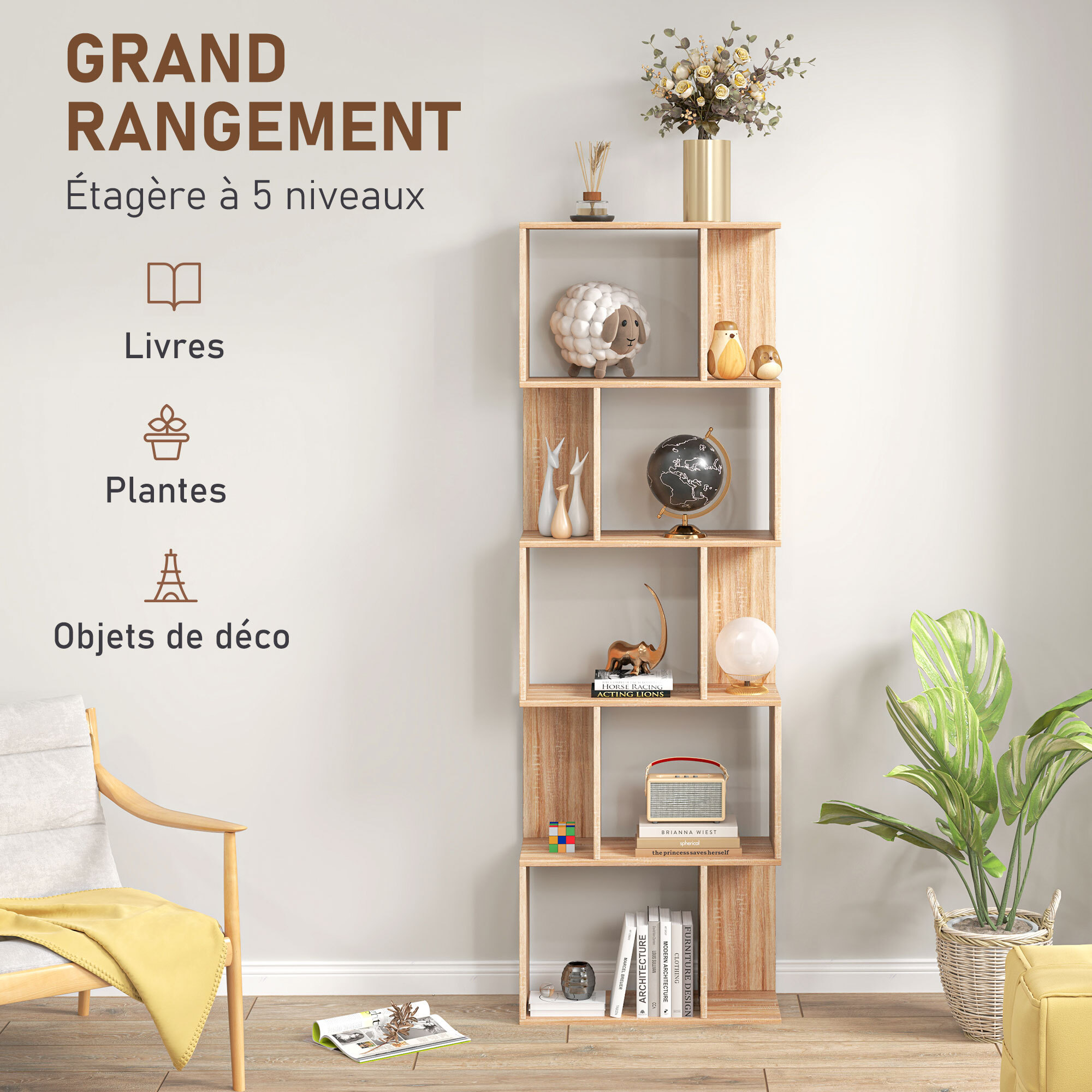 Bibliothèque étagère meuble de rangement design contemporain en S 5 étagères 60L x 24l x 185H cm effet bois clair
