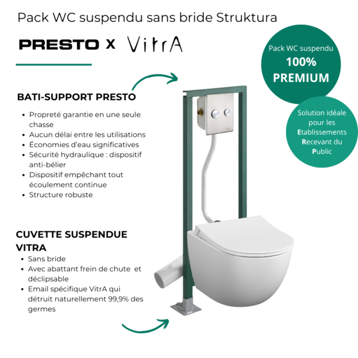 Pack WC suspendu sans bride Sento blanc mat + Abattant frein de chute + Bâti-support autoportant PRESTO + Plaque chromée