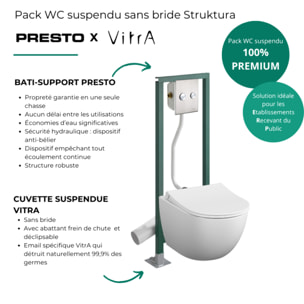 Pack WC suspendu sans bride Sento blanc mat + Abattant frein de chute + Bâti-support autoportant PRESTO + Plaque chromée