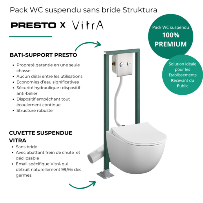 Pack WC suspendu sans bride Sento blanc mat + Abattant frein de chute + Bâti-support autoportant PRESTO + Plaque chromée