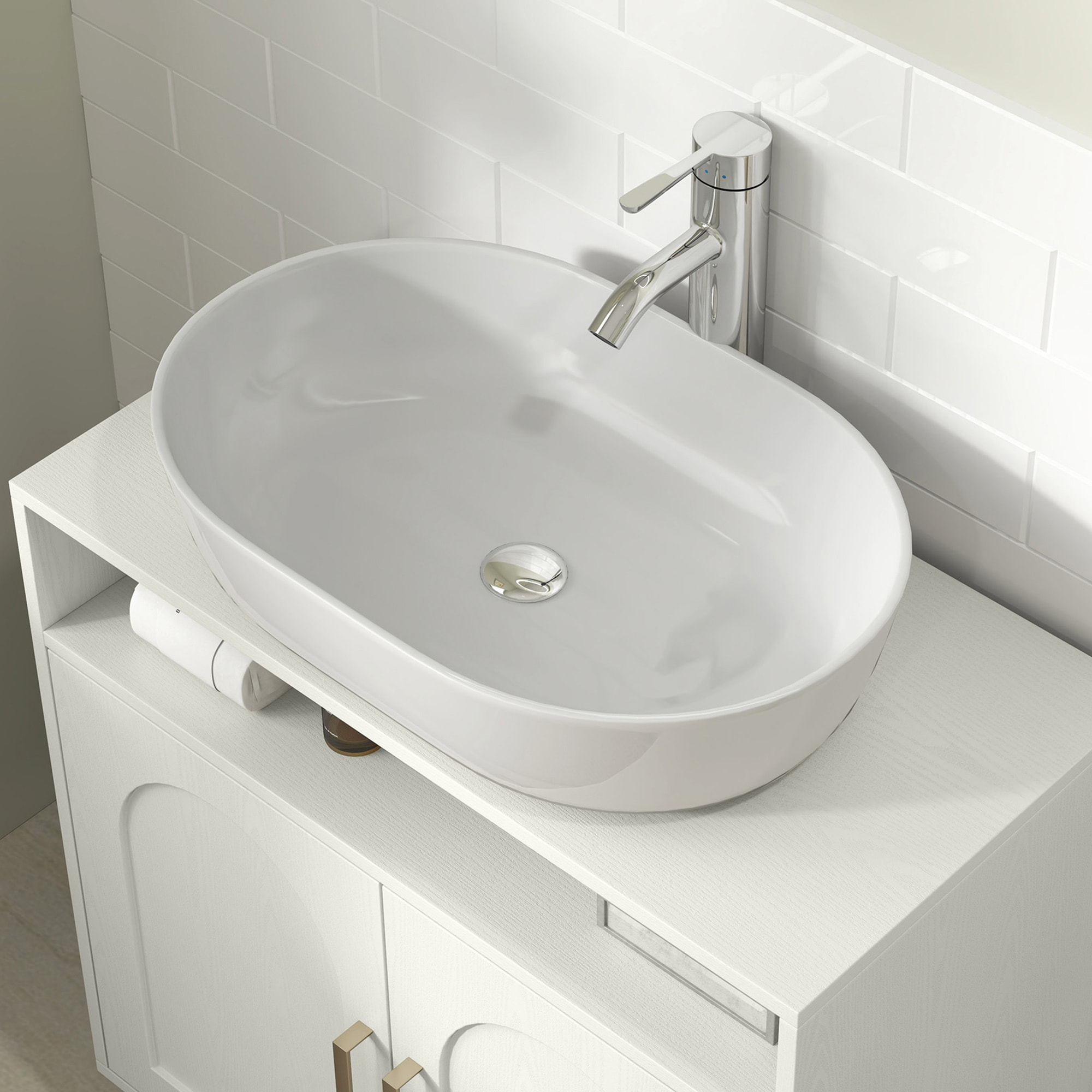 Mueble Bajo Lavabo, Mueble de Baño con Estante Ajustable para Lavabos sin Pedestal, 60x30x63 cm, Blanco Crema