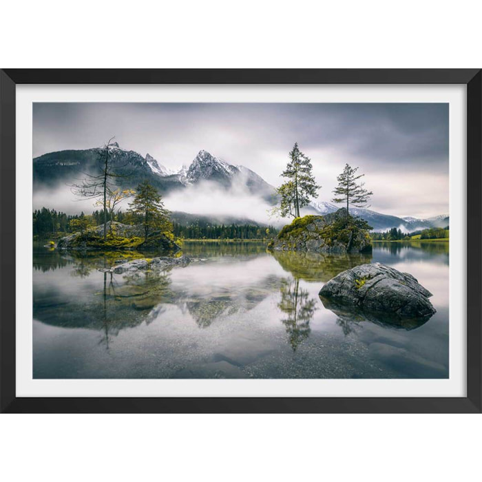 Affiche paysage matin pluvieux en bavière Affiche + cadre en bois - Noir