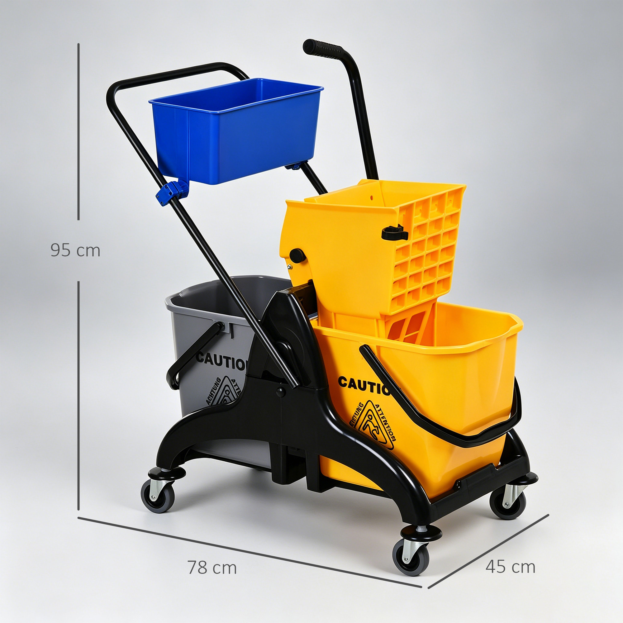 Cubo de Fregona con Ruedas, 26 L, Cubo de Fregar con Sistema de Escurridor de Presión Lateral, Asa de Transporte y Doble Cubetas Separadas para Doméstico y Comercial, Amarillo y Azul