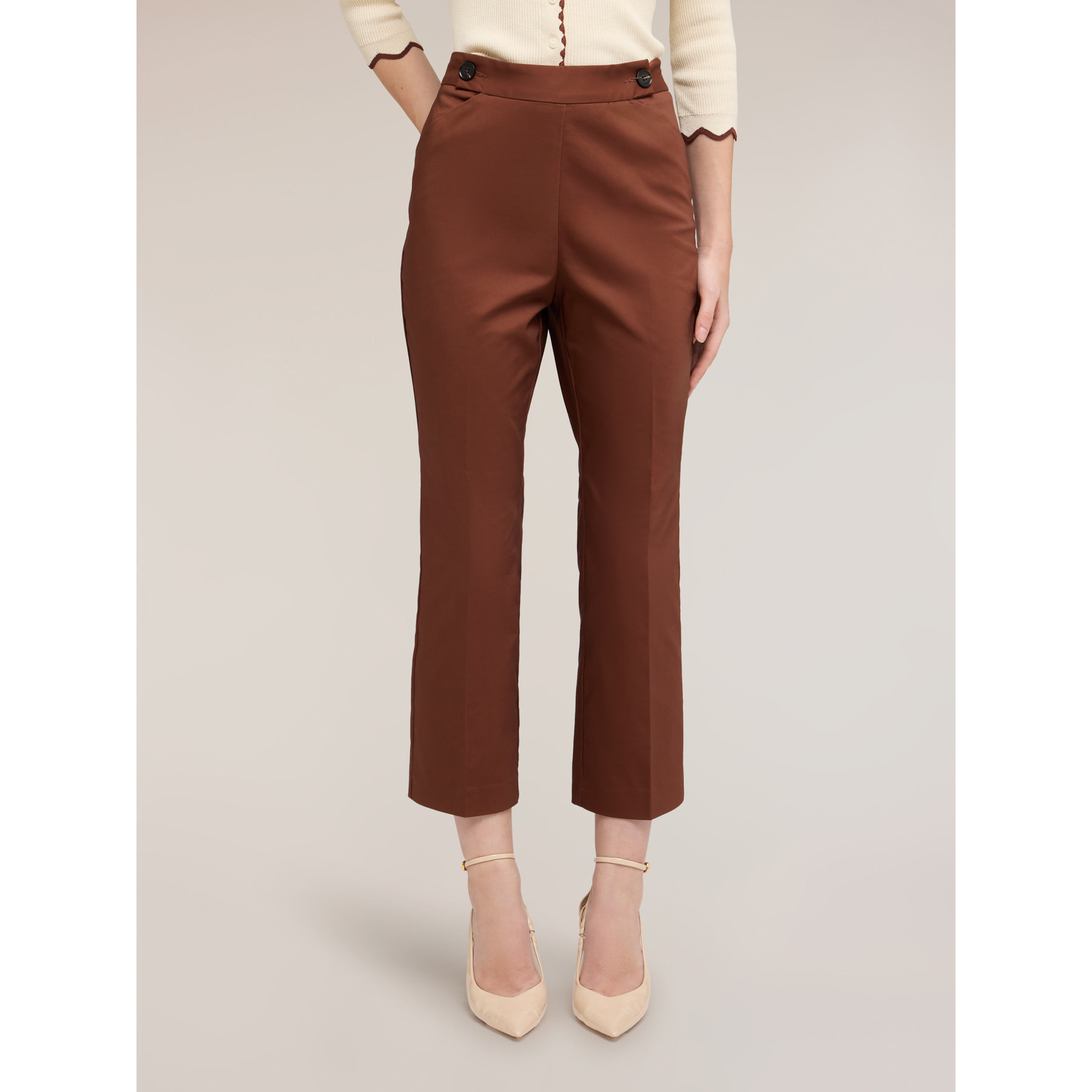 Motivi - Pantaloni kick flare in cotone tecnico - Marrone