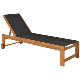 Tumbona de Madera de Acacia con Respaldo Ajustable en 4 Niveles Tumbona de Jardín Exterior con Ruedas Carga 160 kg Tumbona para Patio Terraza Balcón Teca y Negro