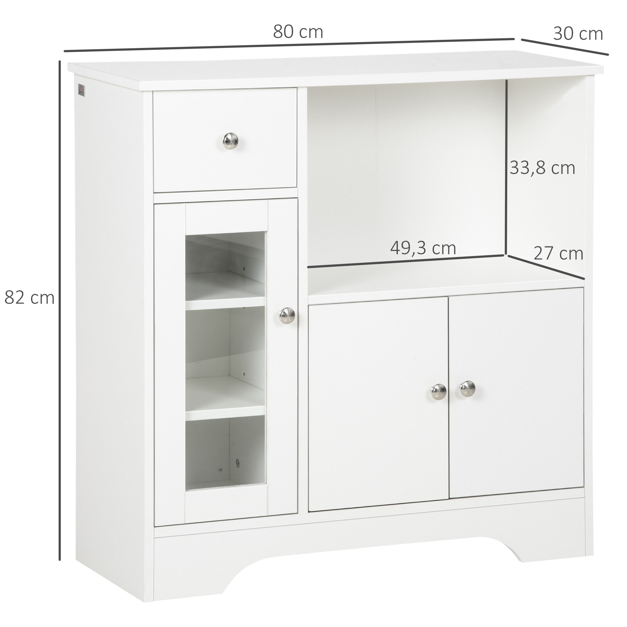 Buffet de cuisine meuble de rangement moderne avec porte en verre, tiroir, grande niche et étagères réglables, 80 x 30 x 82 cm, blanc