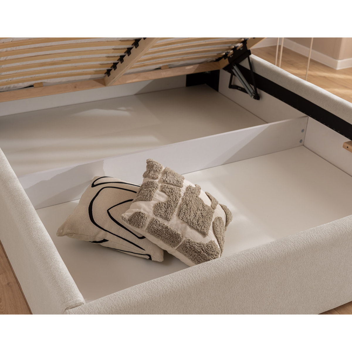 Billy - lit coffre - 140x190 cm - en tissu texturé - sommier inclus - Gris clair