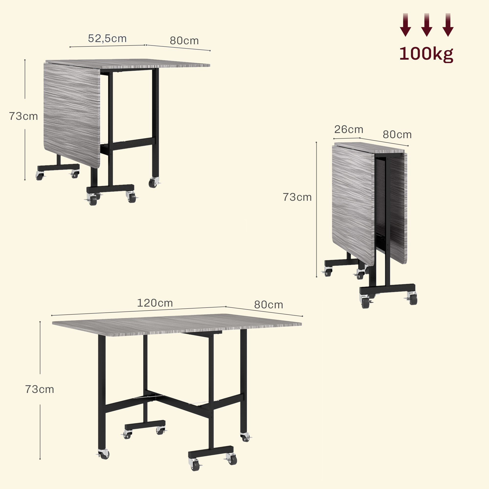 Mesa Plegable de Comedor para 4-6 Personas Mesa de Cocina Plegable con Ruedas y Alas Abatibles para Cocina Salón 120x80x73 cm Gris