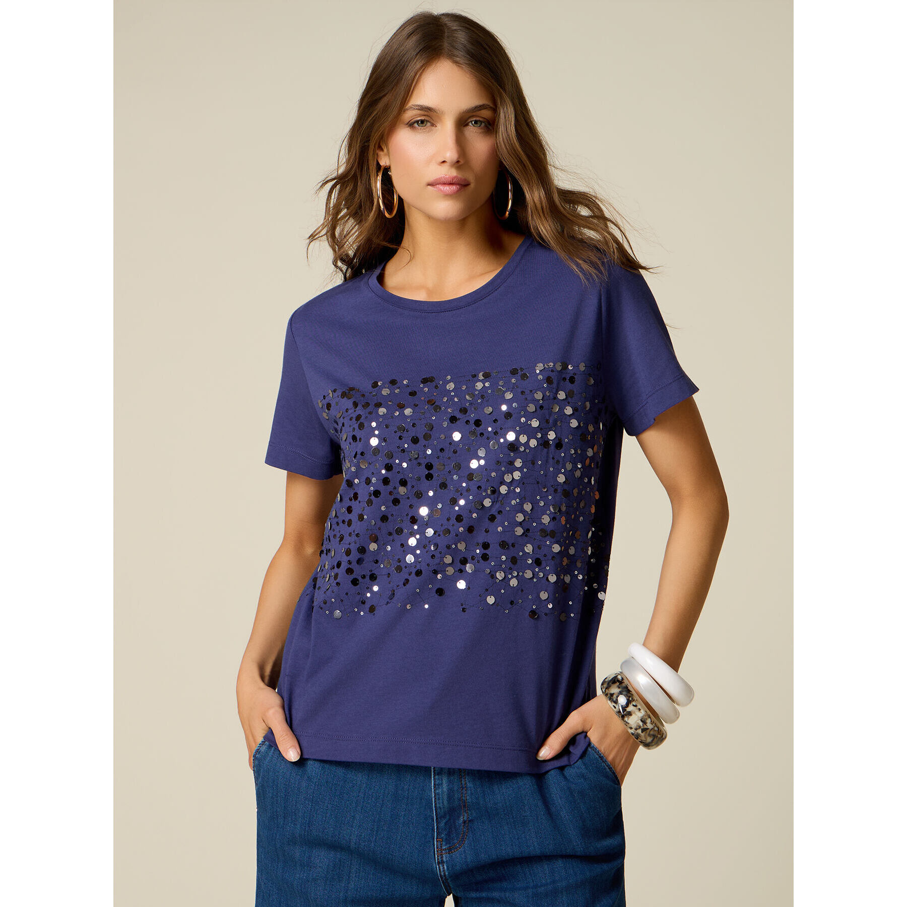 Oltre - T-shirt con paillettes - Blu