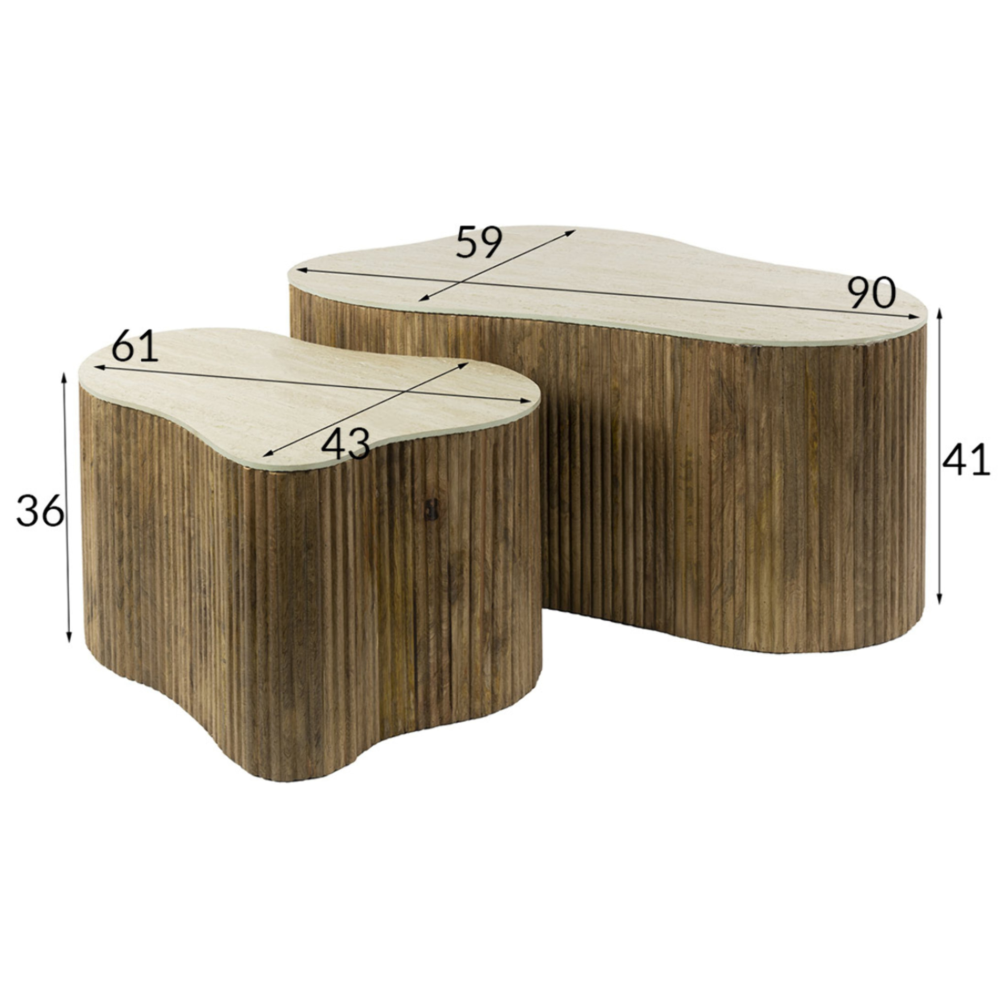 Jade - lot de 2 tables basses gigognes effet travertin - pieds en bois massif de manguier - 90 et 61 cm - Bois / Beige
