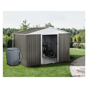Abri jardin métal "Dallas"- 8.84m² avec gouttière et récupérateur d'eau - Taupe