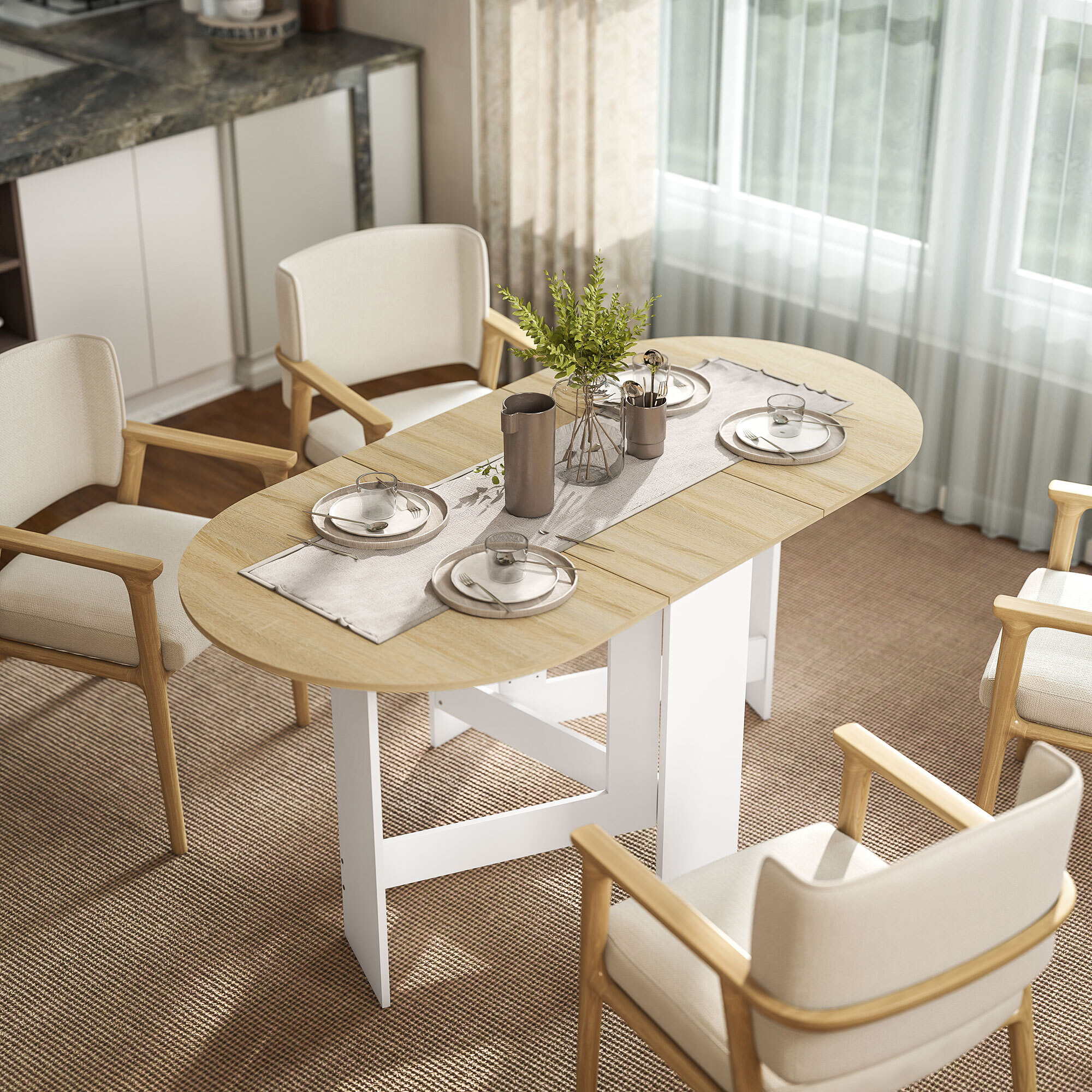 Mesa Plegable de Comedor, Mesa de Cocina Plegable Ovalada, con Alas Abatibles, Hasta 6 Personas, para Comedor, Salón, Espacio Pequeño, 163x80x75 cm, Natural