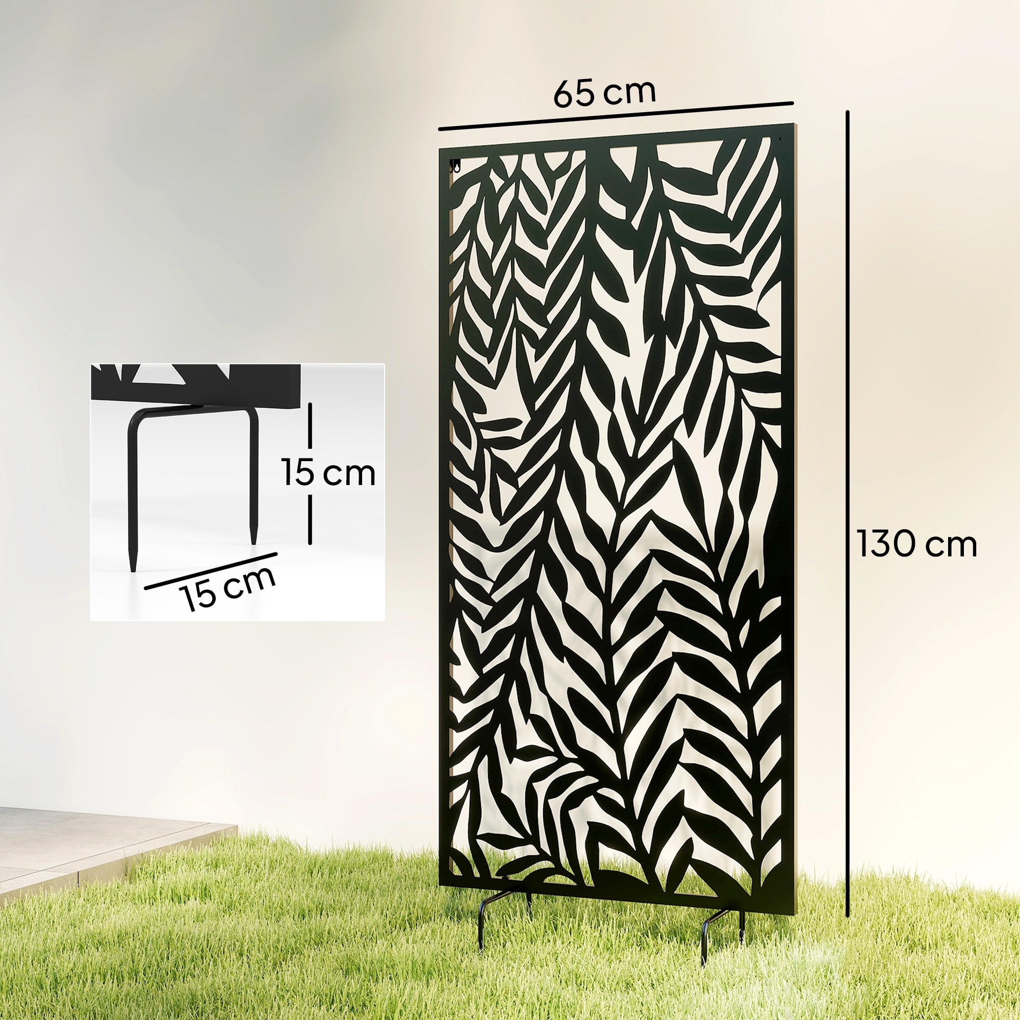 Panneau brise vue décoratif paravent extérieur motif végétal 65 x 130 cm métal noir